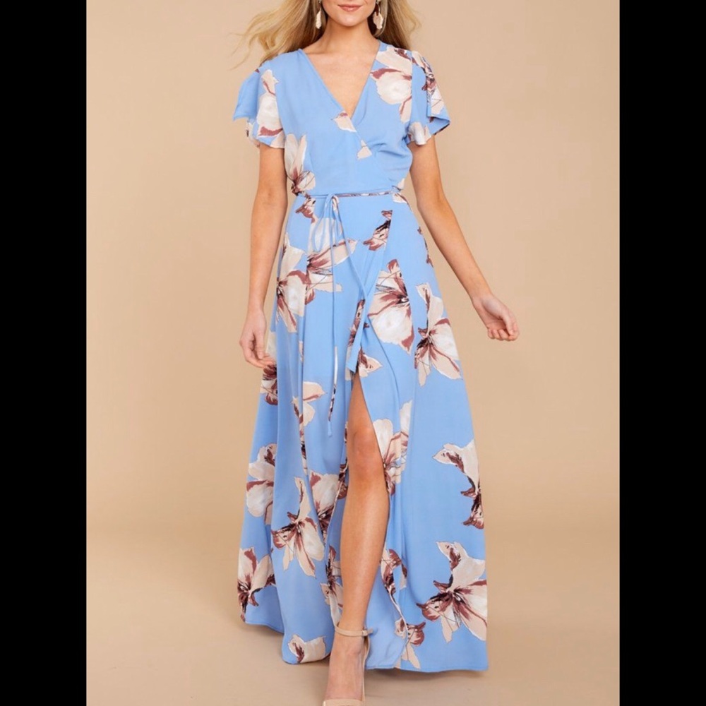 A Moment in Spring Blue Floral Wrap Dress